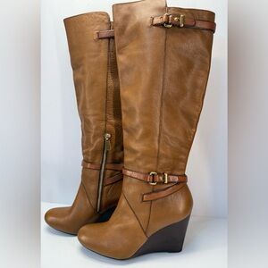 Coach Adair pebble grain Caramel Leather Wedge saddle Boots 7.5 Buckle Details